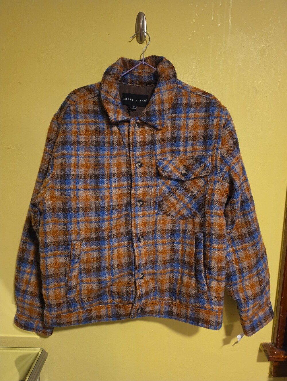 NWT Edgar + Ash Men's Size Medium Plaid Button Front Fall Jacket Orange Blue